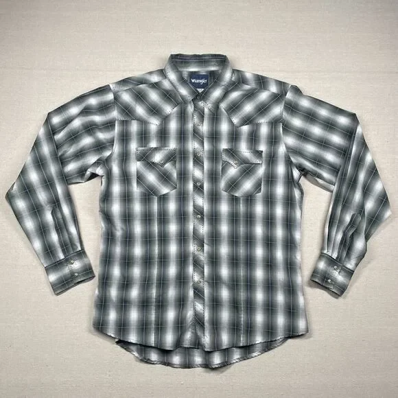 Wrangler Shirt Mens XL Pearl Snap Western Cowboy Rockabilly Plaid Green Rodeo - Picture 1 of 10